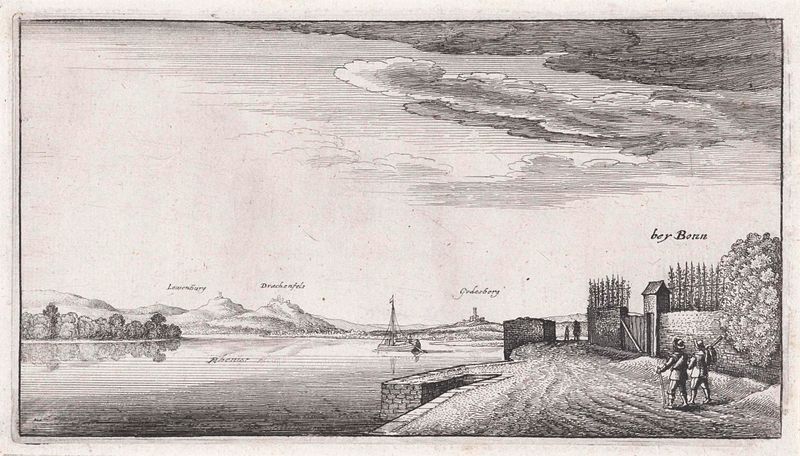 Landschap met gezicht op de Rijn bij Bonn, grabado de Wenceslaus Hollar, con un río y colinas brumosas.