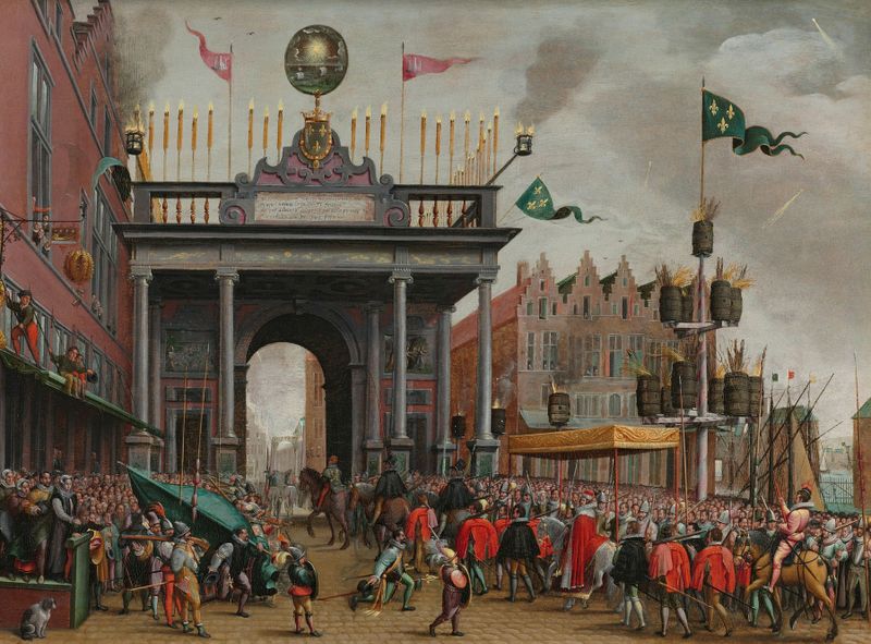 Cena histórica da entrada alegre do Duque de Anjou em Antuérpia, óleo de Monogrammist MHVH