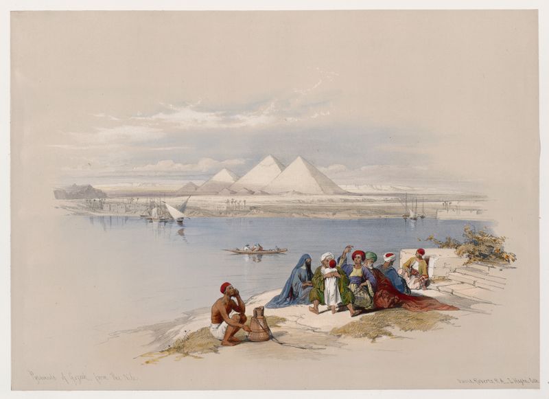 Pyramids of Gezeeh from the Nile, oil painting by David Roberts