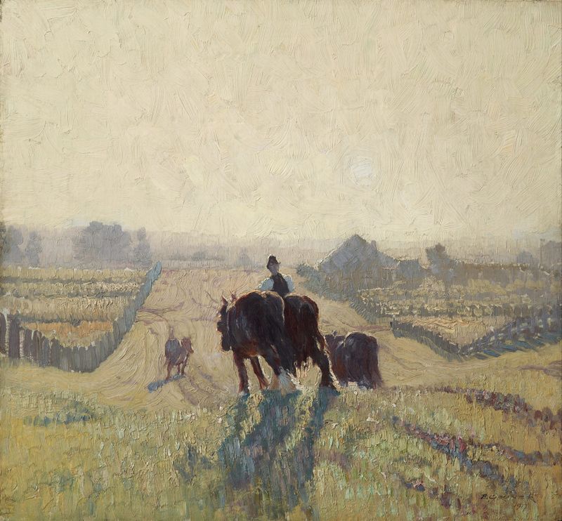 Frosty Sunrise by Elioth Gruner, oil on canvas depicting a tranquil winter landscape.