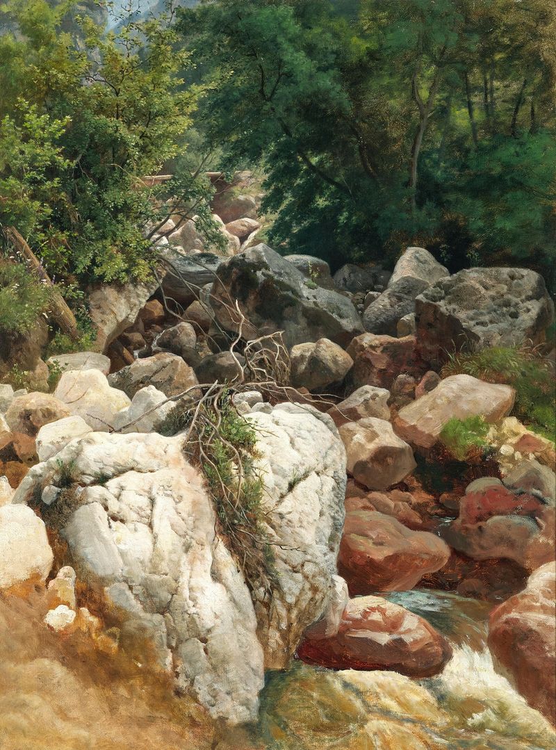 A Mountain Stream with a White Rock by Ernestine von Kirchsberg, oil painting depicting a flowing stream and lush foliage.