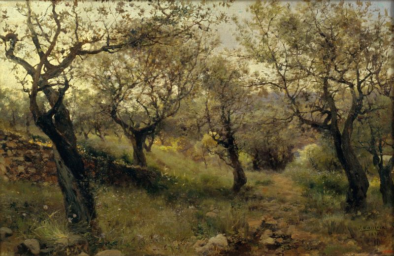 Detalle de Llavaneres de Josep Masriera, óleo sobre lienzo que muestra vegetación exuberante y luz dorada.