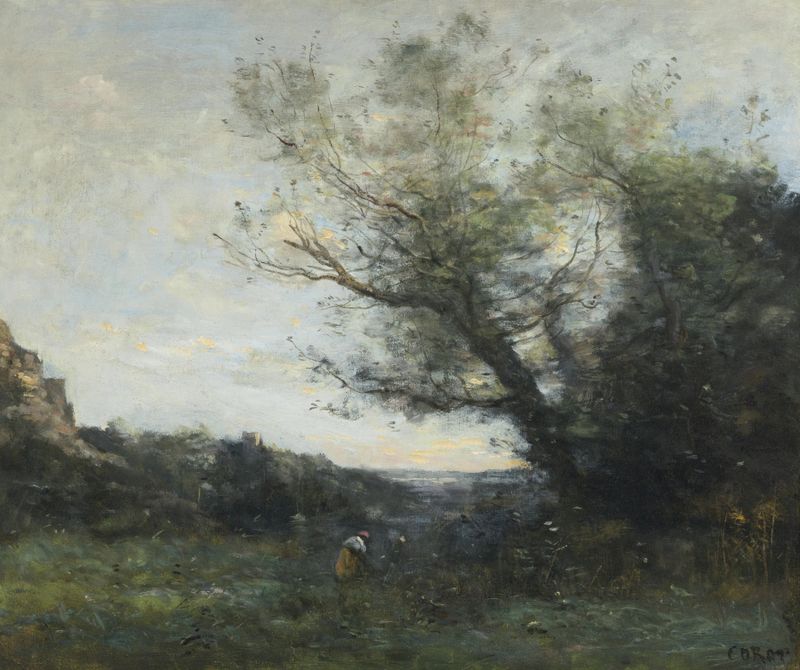 Mulheres colhendo sob árvores em Souvenir d’Italie — La cueillette, óleo sobre tela de Jean-Baptiste-Camille Corot.