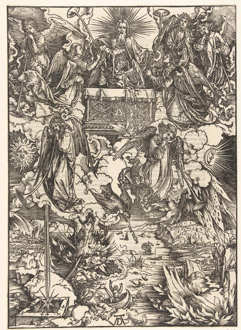 Grabado de Albrecht Dürer que representa siete ángeles con trompetas