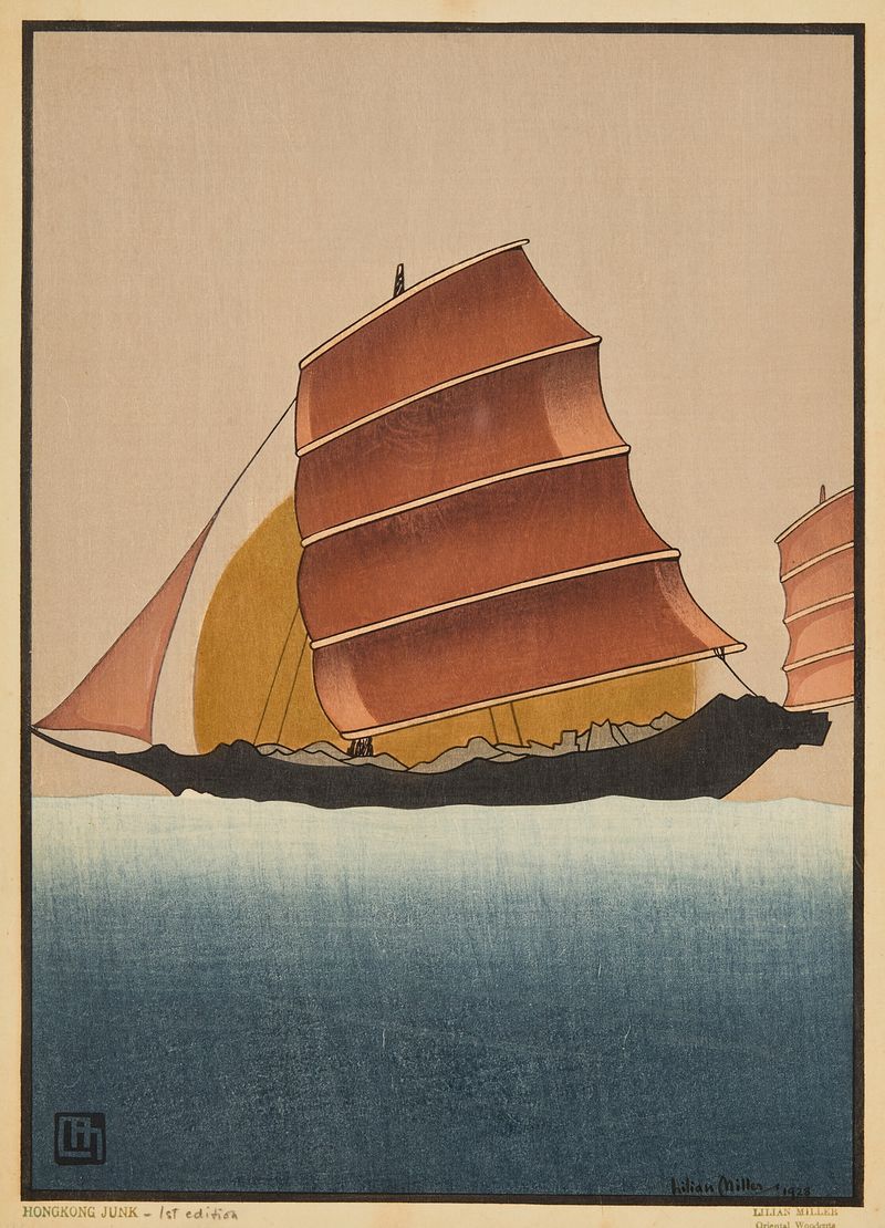 Hong Kong Junk de Lilian May Miller, barco junk tradicional em porto calmo, pintura a óleo