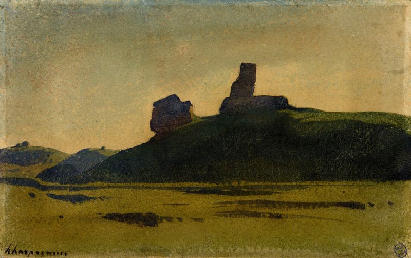 Paisagem com uma ruína solitária em uma colina, pintura a óleo de Henri-Joseph Harpignies