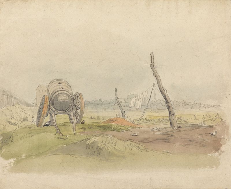 Landscape with Water Cart and Clothesline, watercolor on paper by Joshua Cristall
