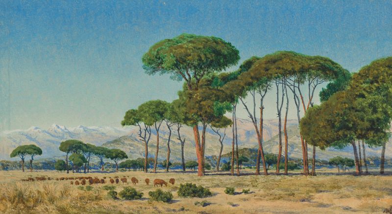 Paisaje de una costa francesa iluminada por el sol, pintura al óleo de John Mulcaster Carrick