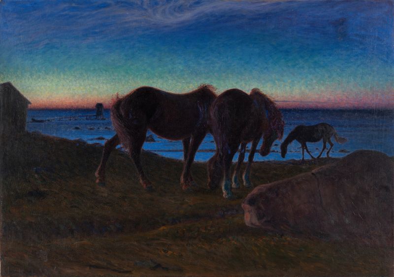 Grazing by the Shore, oil painting by Nils Kreuger depicting a serene shoreline with waves and grass.