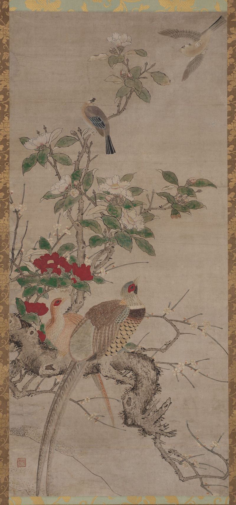 Árvore de ameixa e camélias com faisões, ukiyo-e de Kano Sanraku, papel
