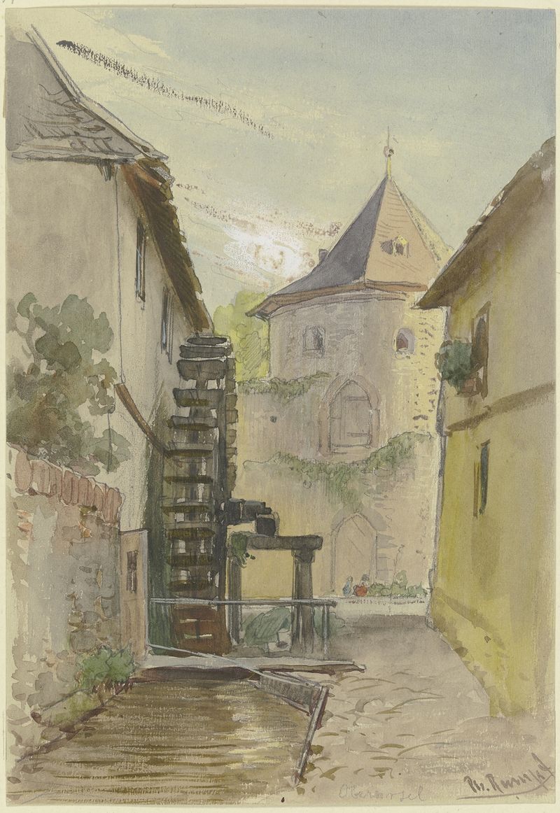 Gässchen mit Rückseite einer Mühle by Philipp Rumpf, oil on canvas depicting a village scene with a mill.