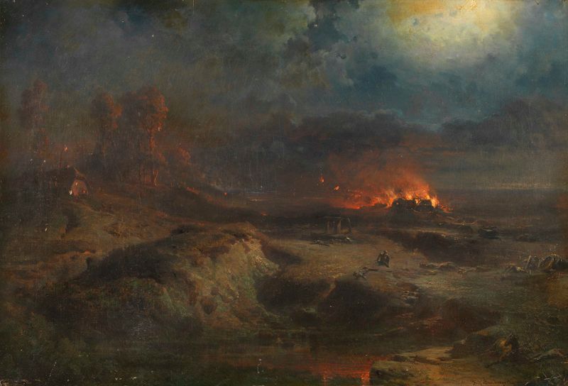 Escena nocturna con un hogar en llamas, pintura al óleo de Fritz Bamberger