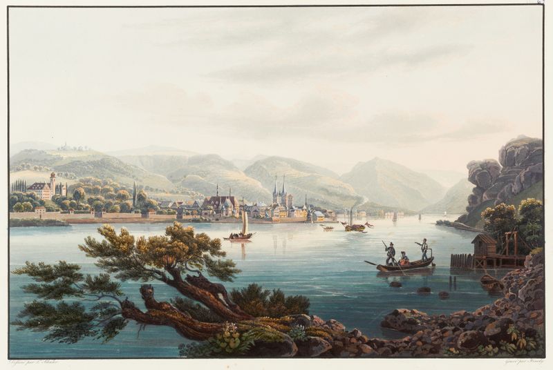 Paisagem representando uma aldeia ao longo do Reno, pintura a óleo de Johann Ludwig Bleuler