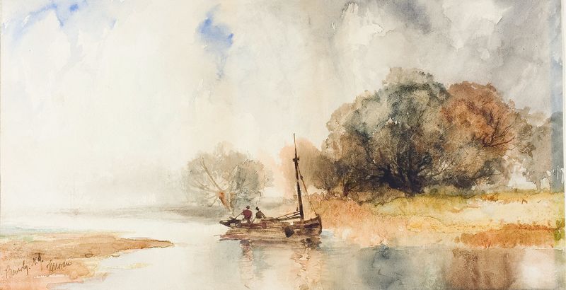 Paisagem com um rio e floresta de Thomas Moran, óleo sobre tela