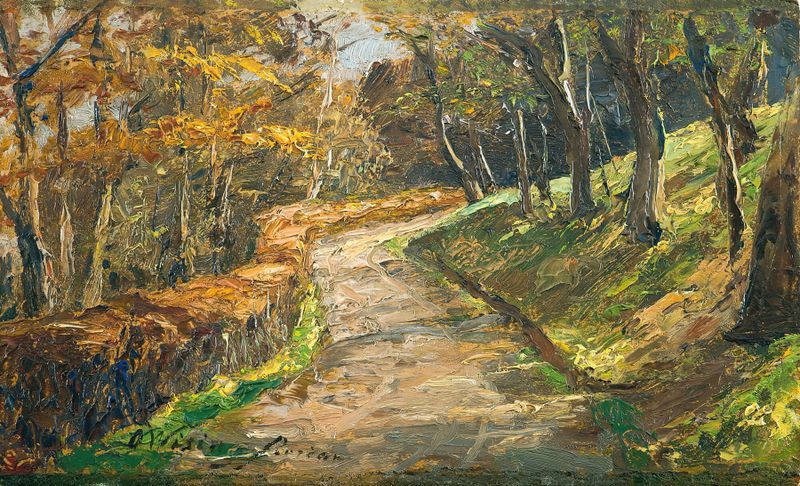 Caminho na Primavera Cedo, pintura a óleo de Olga Wisinger-Florian, apresentando uma paisagem exuberante com flores e luz ...