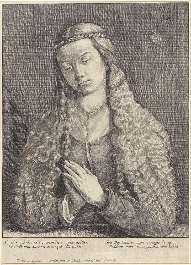 Gravura de Wenceslaus Hollar de uma mulher em oração com cabelo longo.