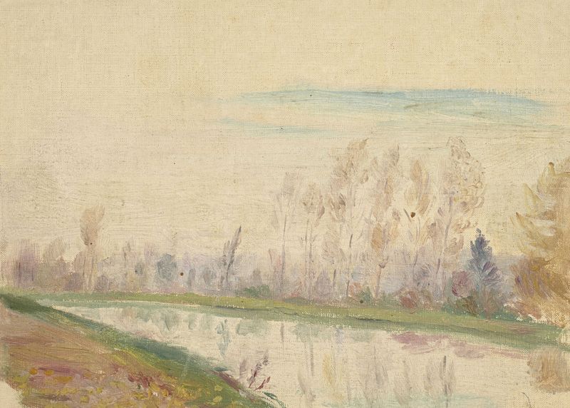 Paysage fluvial de Jeanne Jegou-Cadart, óleo sobre lienzo que representa un sereno paisaje fluvial