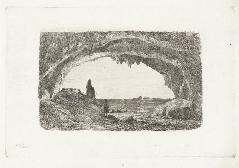 Rowboat navigating through dark caves, oil painting by Pierre Louis Dubourcq