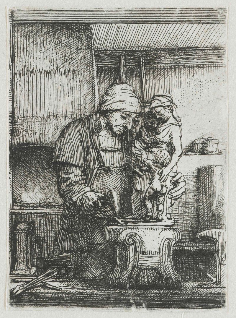 Grabado de Rembrandt van Rijn que muestra figuras y luz en El orfebre.