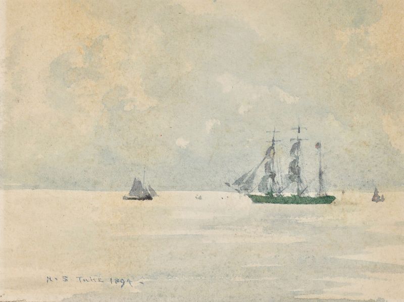 Três Mastro Barco de Henry Scott Tuke, realismo, retratando um navio no mar