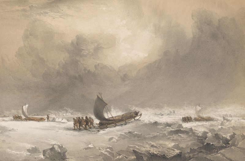 Sledges gliding over hummocky ice, oil painting by Walter William May