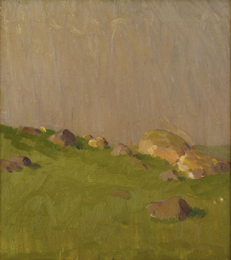 Pasture Boulders by William Langson Lathrop, oil on canvas depicting boulders in a rural landscape