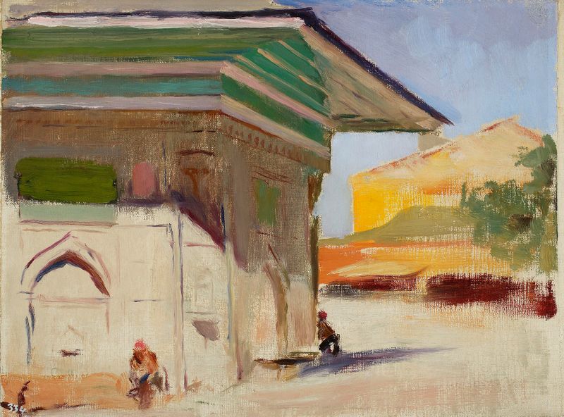 Calle en la ciudad del sur, pintura al óleo de Jan Ciągliński que representa un vibrante paisaje urbano.