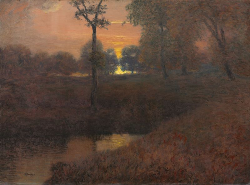 Evening de Hugh Huntington Howard, óleo sobre lienzo que representa un paisaje al atardecer con tonos cálidos.