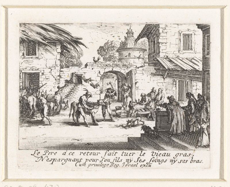 Grabado de Jacques Callot que representa una escena de carnicería con ganado y figuras