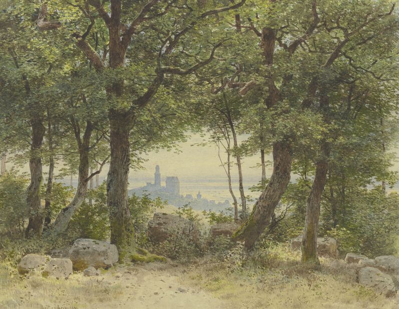 Landscape oil painting by Carl Theodor Reiffenstein featuring hills and clouds