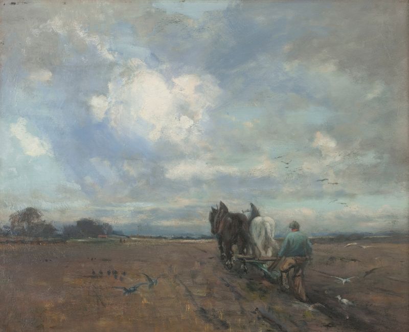 Cattle Ploughing de Jeannie Grant Stevenson, óleo sobre tela mostrando gado trabalhando a terra