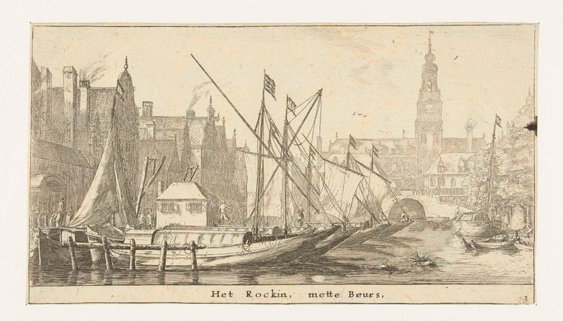 Grabado Het Rokin met de Beurs de Reinier Nooms que muestra una escena de mercado