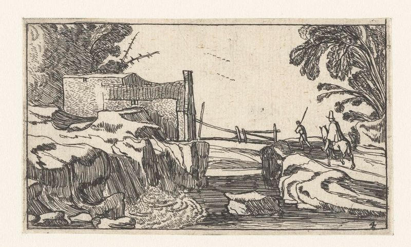 Cascata e rochas em uma gravura de Unknown Artist