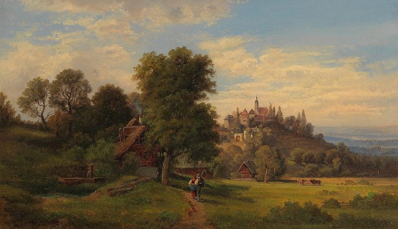 Schloss Hollenegg by Gustav Barbarini, oil painting depicting a castle with golden light and clouds.