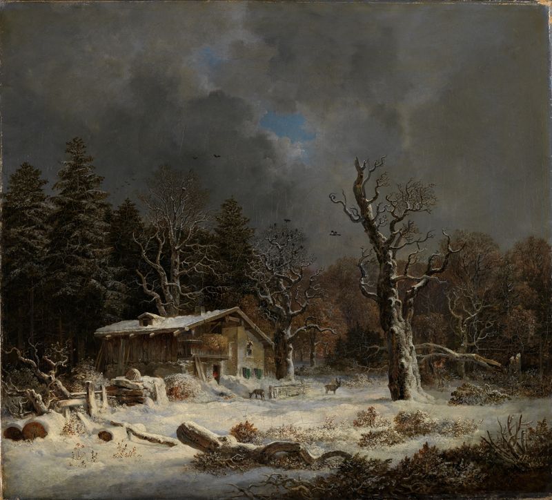 Forsthaus im Winterwald de Heinrich Bürkel, óleo sobre tela mostrando uma cabana em uma floresta nevada.