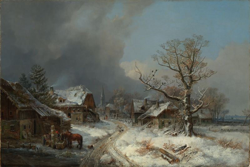 Paisaje invernal con árboles cubiertos de nieve y un camino de adoquines de Heinrich Bürkel, óleo