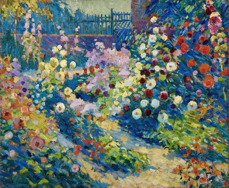 Jardin de roses by Robert Antoine Pinchon, oil on canvas depicting a vibrant garden.