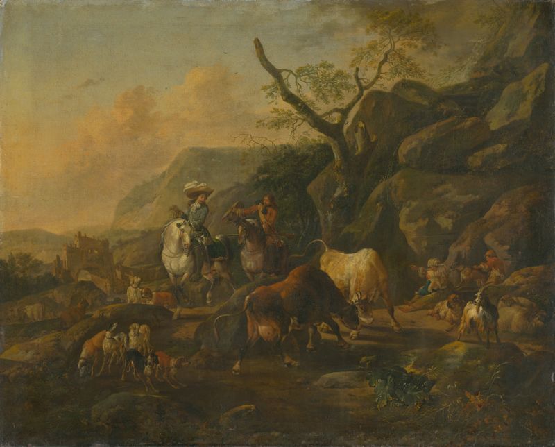 Landscape with Hunters by Johann Heinrich Roos, oil painting depicting a forest scene.
