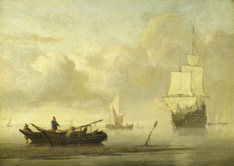 Ships near the coast during a calm, pintura a óleo de Willem van de Velde the Younger