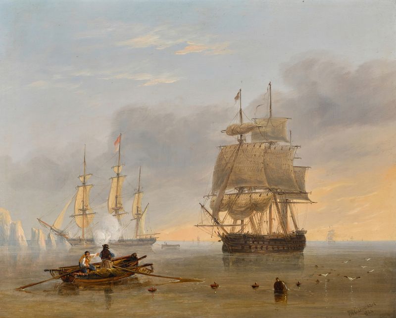 A British Man of War off the Needles, Isle of Wight by John Wilson Carmichael, oil painting of a majestic ship.