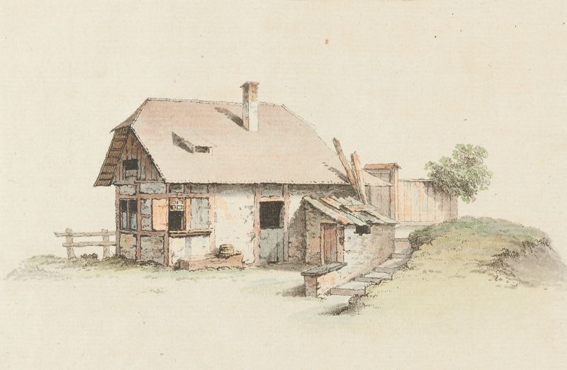 Paisaje que representa una casa de campo entre colinas, pintura al óleo de Johann Ludwig Aberli