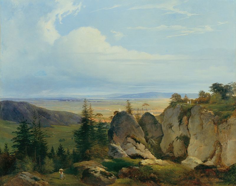 Oil painting by Johann Nepomuk Passini depicting hills and grass.