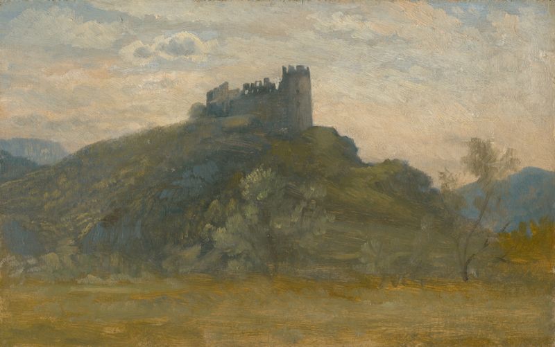 Ruins of the Šášov Castle by Vojtech Angyal, oil painting of crumbling walls against a vast sky.