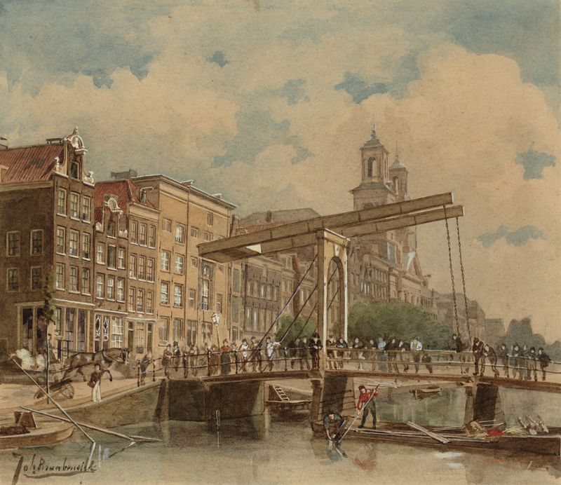 Paisagem urbana de De Houtgracht, tinta sobre papel de Johan Braakensiek