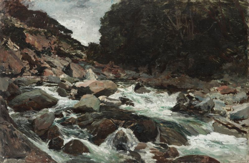 Mountain Stream, Otira Gorge by Petrus van der Velden, oil on canvas showing a stream flowing through a forest.
