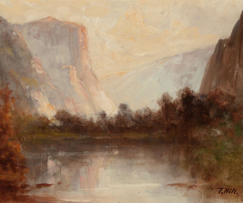 Yosemite Valley by Thomas Hill, oil painting depicting granite cliffs and water reflections