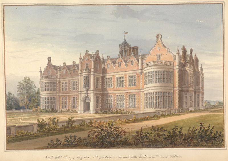 North West View of Ingestre, Staffordshire de John Buckler, pintura al óleo que representa un paisaje de finca