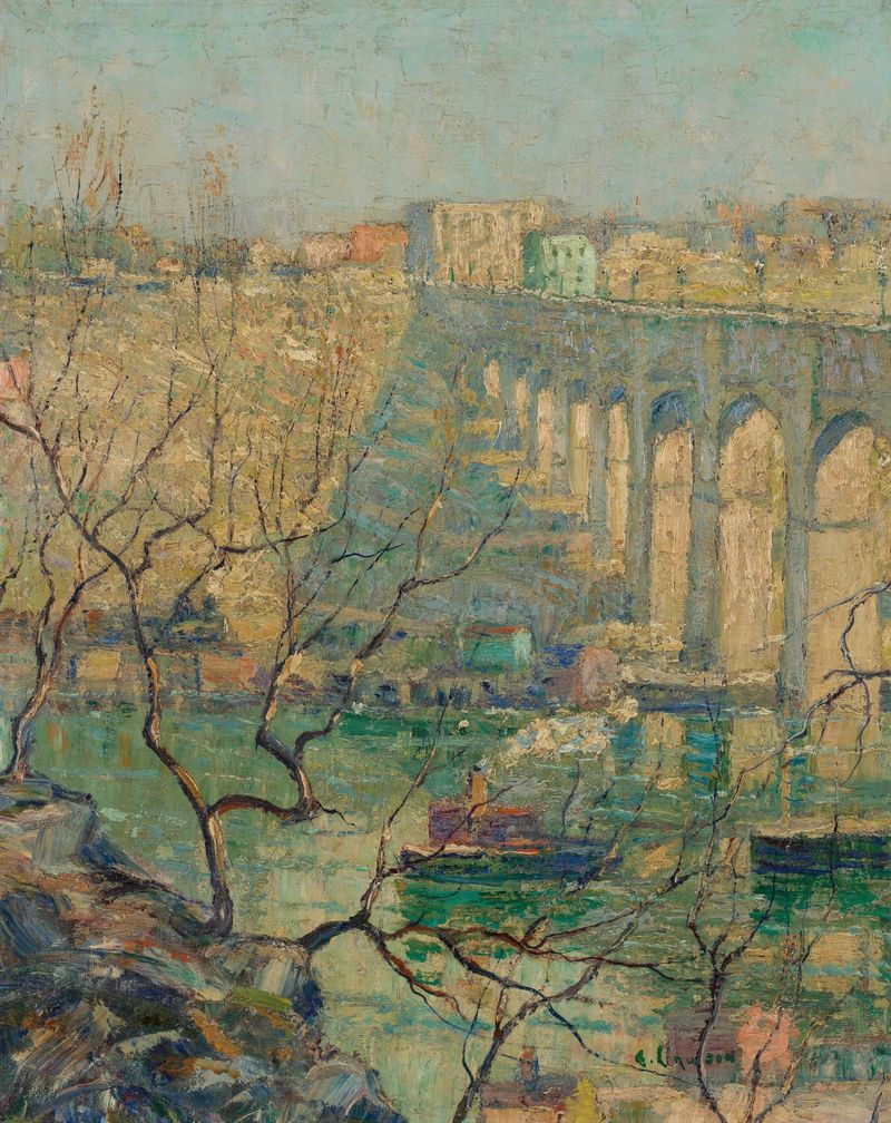 View of the Bridge by Ernest Lawson, oil on canvas depicting a bridge at sunset