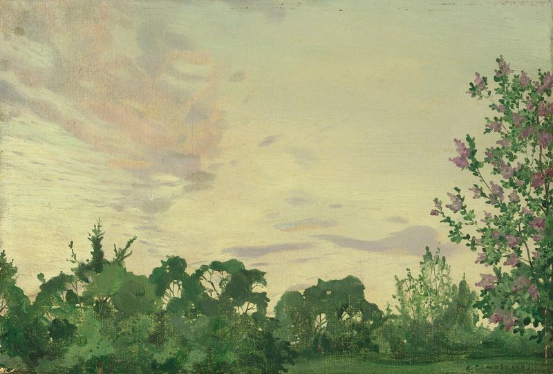 Twilight, evening landscape with lilac bush by Konstantin Andreevich Somov, unknown medium