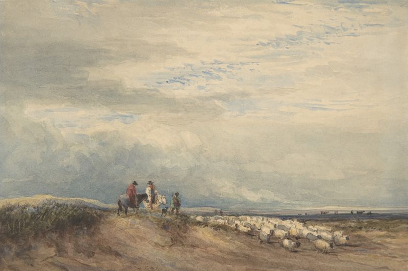 Cavaleiros com ovelhas perto de um estuário, pintura a óleo de David Cox